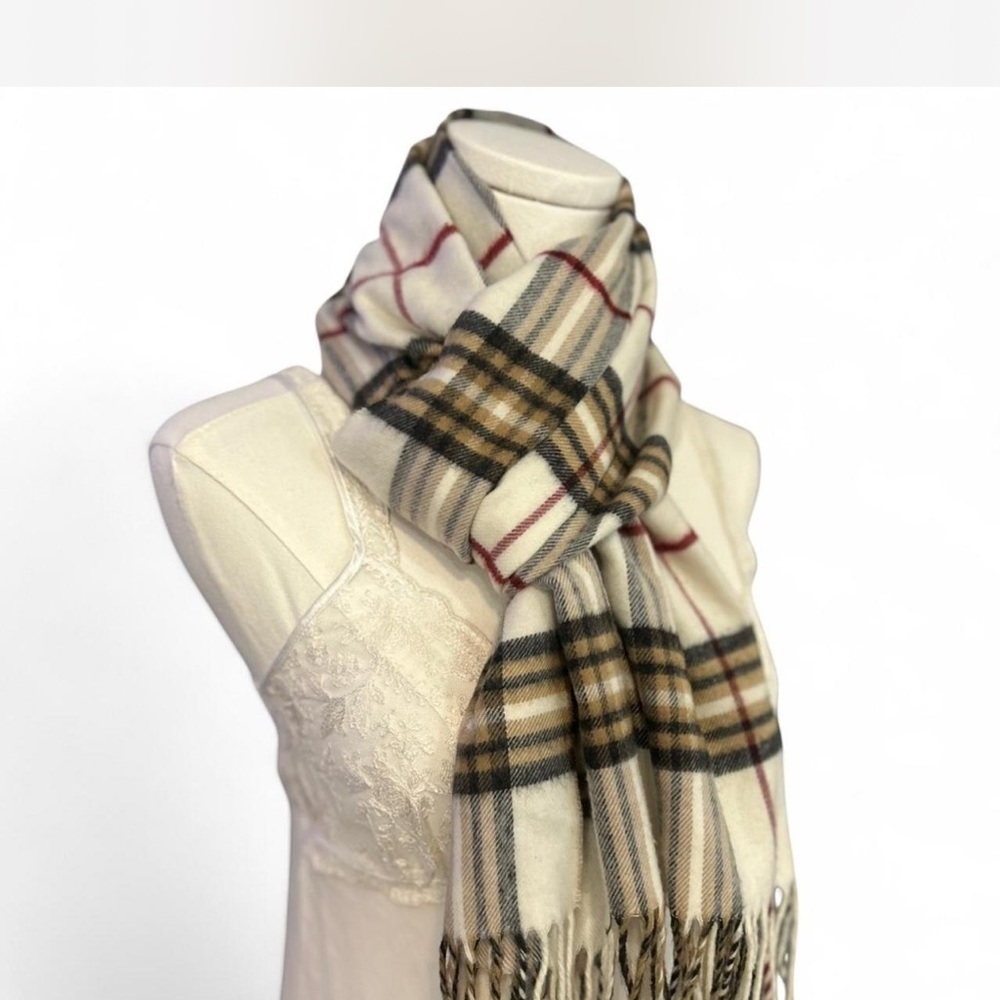 IV. Fraas Cashmink Wide Check Plaid Fringe Unisex Scarf Cream Black Burgundy - Picture 2 of 6